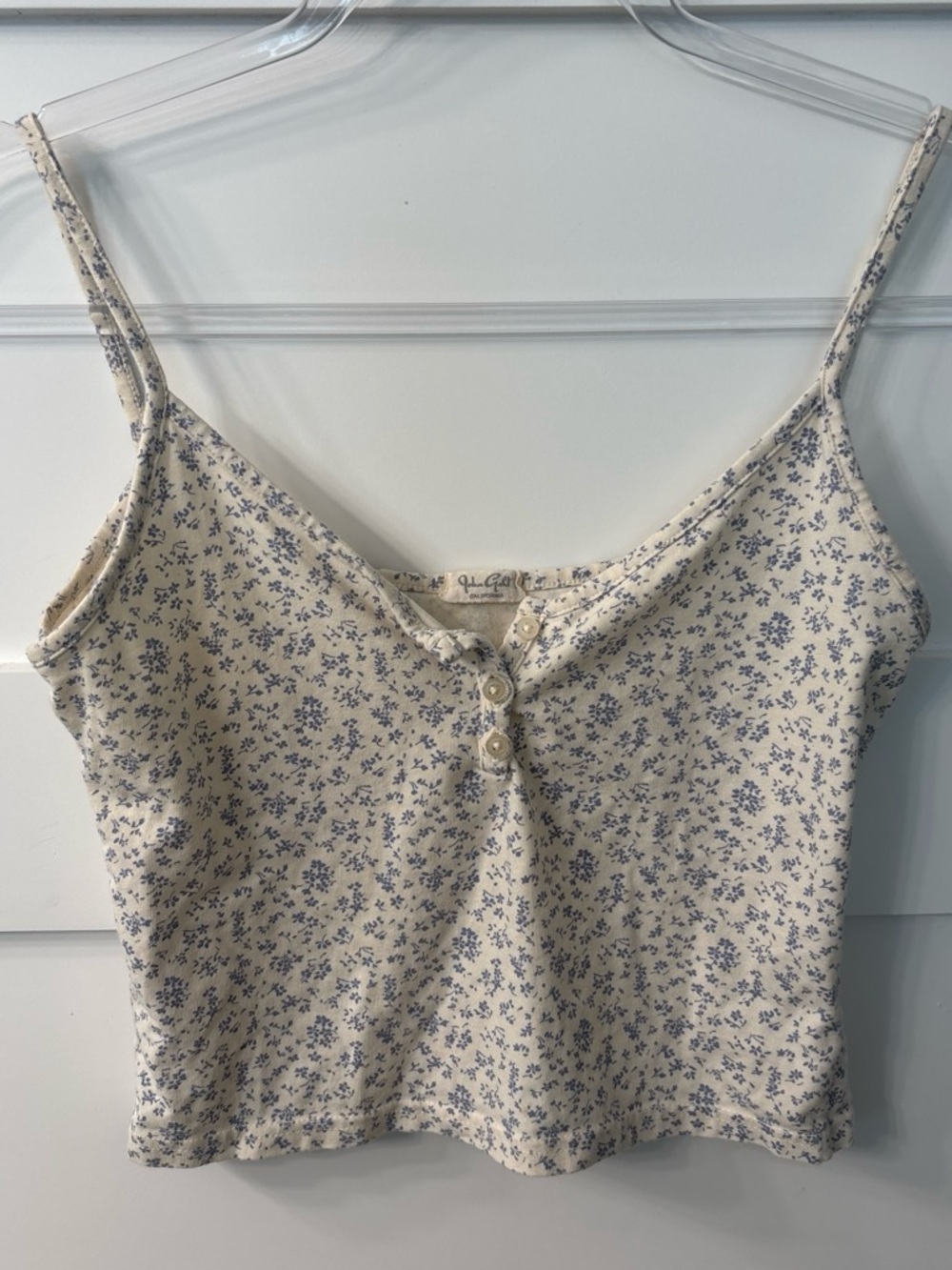 Brandy Melville Cotton Cream Cropped Cami with Blue Floral Print